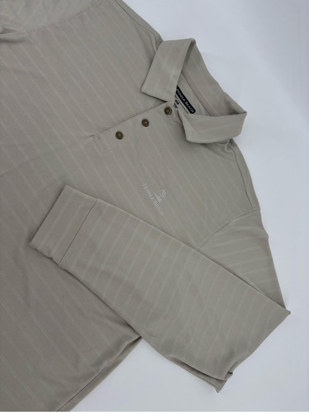 Pebble Beach Long Sleeve Polo Shirt Mens M Medium Beige Tan Striped Dry-Luxe